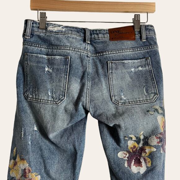 One Teaspoon Orchid Flare Leg Distressed Floral Patch Pocket Jeans 25 - Picture 13 of 16